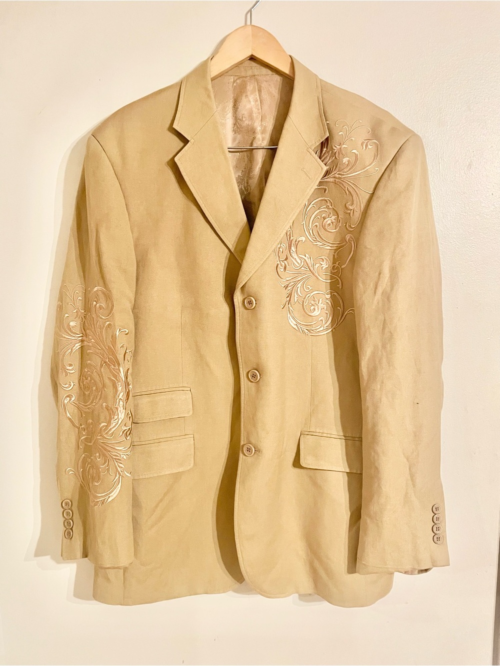 Empra Tan Linen & Viscose Blend Embroidered Blazer Size 40/L Wedding Guest- EUC